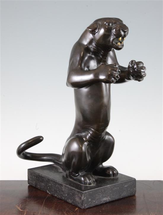 An early 20th century patinated bronze model of a rearing panther, 12.5in.